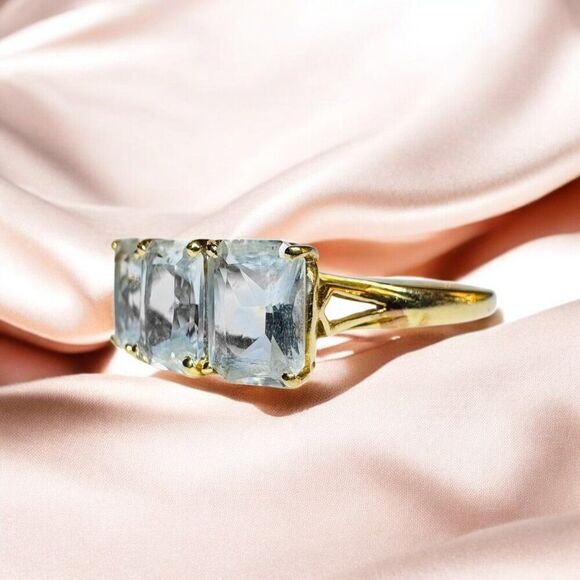 Vintage- 14K Gold- Aquamarine Ring- sz 10.25 -Emerald Cut-3CT- Three Stone -2.4g - Picture 10 of 16